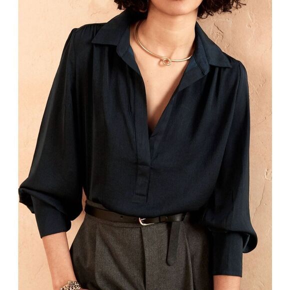 Banana Republic Women Petite Sz S Preppy Navy L/S Silky Collar Blouse - Picture 7 of 7